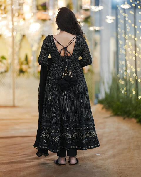 Black Faux Georgette Thread & Sequins Work Anarkali Kurta With Dupatta