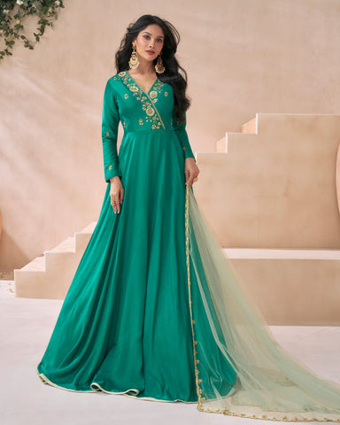 Rama Green Silk Floor Length Anarkali Kurta With Light Green Net Dupatta