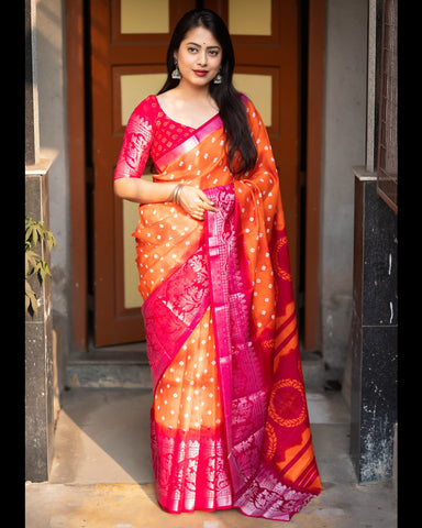Orange Pink Soft Jute Silk Bandhni Print Saree With Pink Blouse