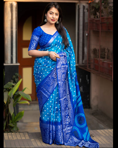 Royal Blue Soft Jute Silk Bandhni Print Saree With Dark Blue Blouse