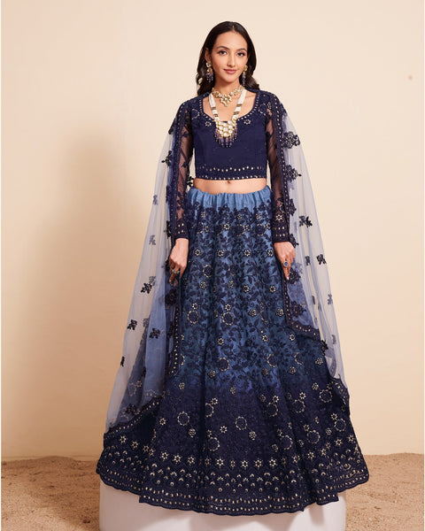 Shaded Blue Net Bridal Lehenga Choli 