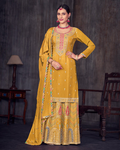 Yellow Chinnon Silk Embroidered Lehenga Suit With Embroidered Dupatta