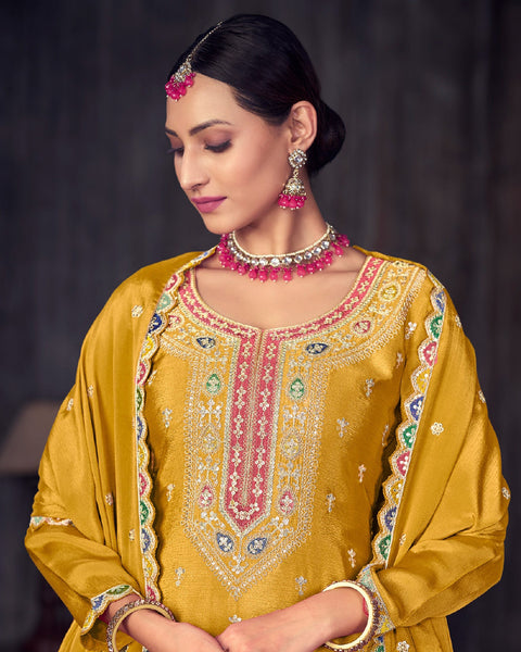 Yellow Chinnon Silk Embroidered Lehenga Suit With Embroidered Dupatta