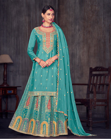Sky Blue Chinnon Silk Embroidered Lehenga Suit With Embroidered Dupatta