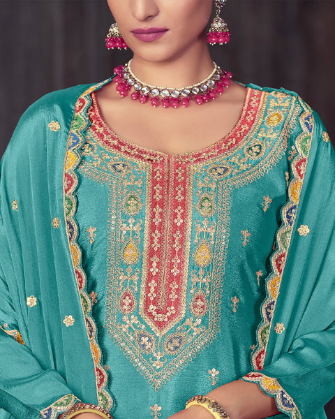 Sky Blue Chinnon Silk Embroidered Lehenga Suit With Embroidered Dupatta
