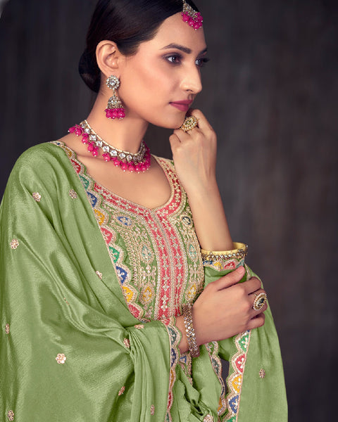 Green Chinnon Silk Embroidered Lehenga Suit With Embroidered Dupatta