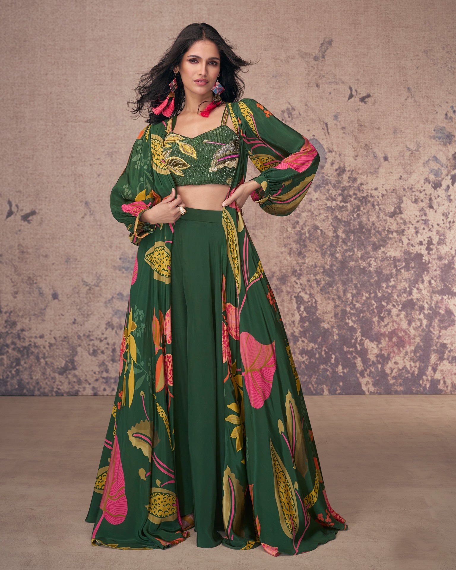 Green Crop Top Palazzo Suit With Shrug