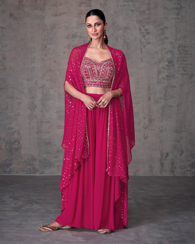 Pink Crop Top Georgette Palazzo Suit With Dupatta