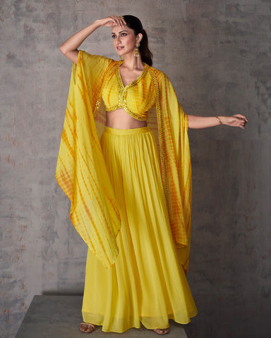 Yellow Crop Top Georgette Palazzo Suit With Dupatta