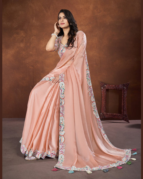 Peach Crepe Satin Silk Sequins & Thread Work Saree With Net Embroidered Stitched Blouse