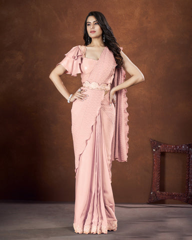 Peach Crepe Satin Silk Sequins & Applique Work Saree With Georgette Embroidered Readymade Blouse