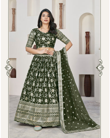 Green Art Silk Jacquard Lehenga Choli With Net Dupatta