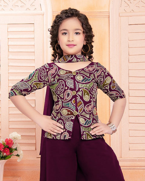 Wine Kids Palazzo With Embroidered Top