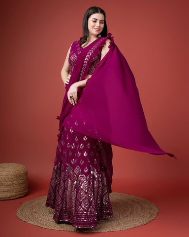 Wine Georgette Lehenga Saree With Stitched Blouse
