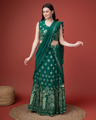 Green Georgette Lehenga Saree With Stitched Blouse