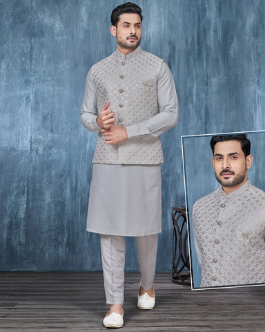 Light Grey Banarasi Art Silk Man Kurta Pajama With Embroidered Jacket