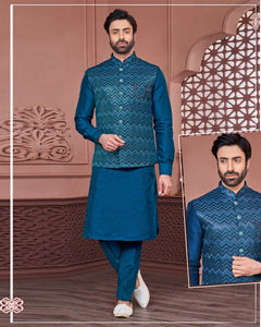 Rama Blue Banarasi Art Silk Man Kurta Pajama With Embroidered Jacket