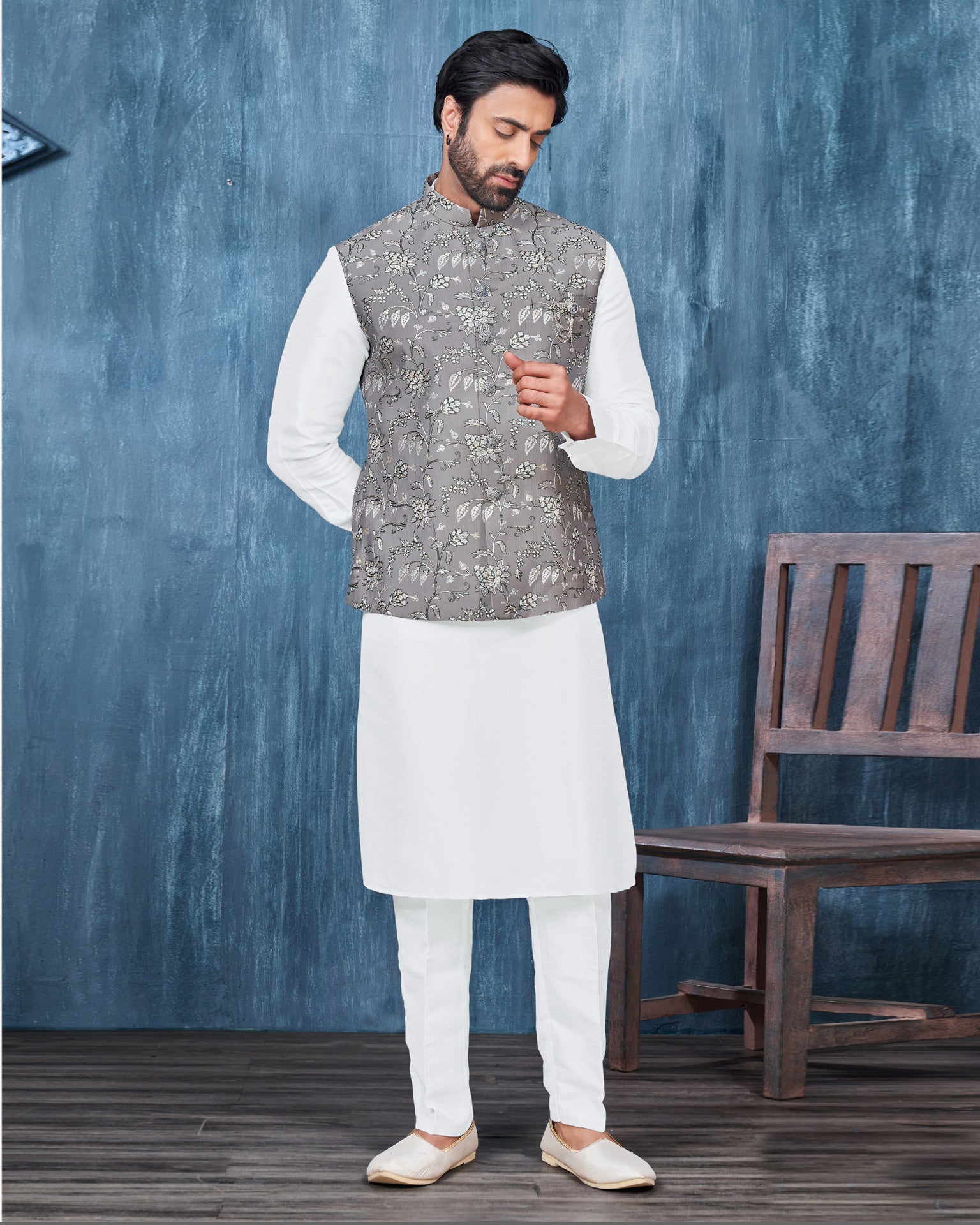 White Banarasi Art Silk Man Kurta Pajama With Grey Embroidered Jacket