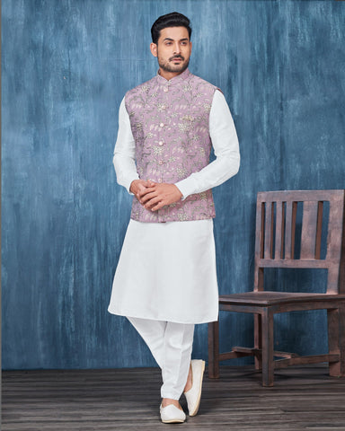 White Banarasi Art Silk Man Kurta Pajama With Lavender Embroidered Jacket