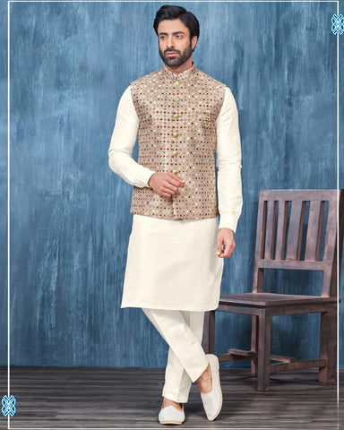 Cream Banarasi Art Silk Man Kurta Pajama With Brown Embroidered Jacket