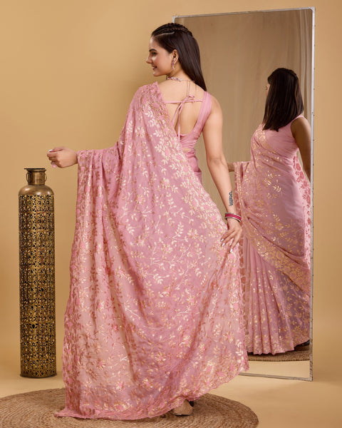Pink Taby Organza Silk Sequins & Cutwork Border Saree