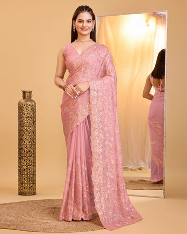 Pink Taby Organza Silk Sequins & Cutwork Border Saree