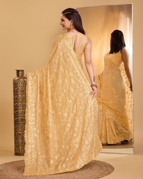 Yellow Taby Organza Silk Sequins & Cutwork Border Saree