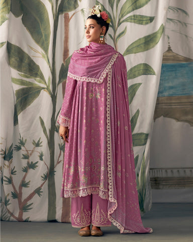 Fuschia Pure Muslin Cotton Embroidered Plus Size A Line Palazzo Suit With Printed Chinnon Dupatta