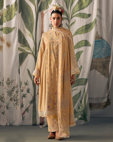 Yellow Pure Muslin Cotton Embroidered Plus Size A Line Palazzo Suit With Printed Chinnon Dupatta