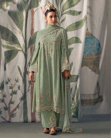 Green Pure Muslin Cotton Embroidered Plus Size A Line Palazzo Suit With Printed Chinnon Dupatta