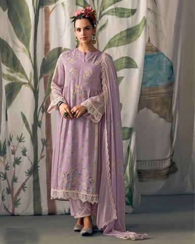 Lavender Pure Muslin Cotton Embroidered Plus Size A Line Palazzo Suit With Printed Chinnon Dupatta