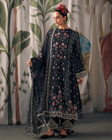 Black Pure Muslin Cotton Embroidered Plus Size A Line Palazzo Suit With Printed Chinnon Dupatta