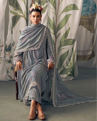 Grey Pure Muslin Cotton Embroidered Plus Size A Line Palazzo Suit With Printed Chinnon Dupatta