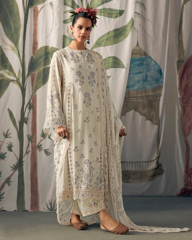 Cream Pure Muslin Cotton Embroidered Plus Size A Line Palazzo Suit With Printed Chinnon Dupatta
