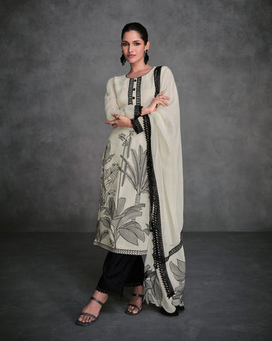 Thread Work Off White & Black Organza Silk Readymade Salwar Suit With Organza Dupatta