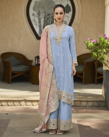 Light Blue Chiffon Salwar Suit With Pink Chiffon Dupatta