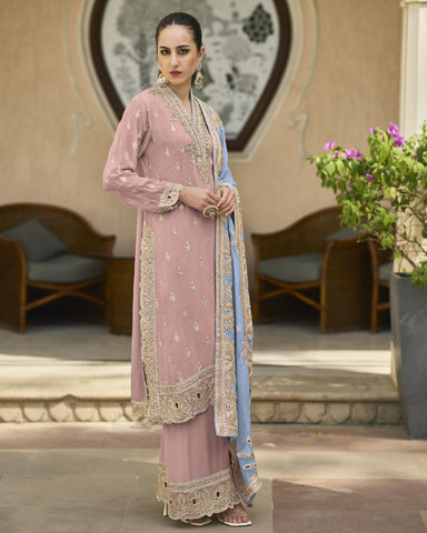 Light Pink Chiffon Salwar Suit With Blue Chiffon Dupatta