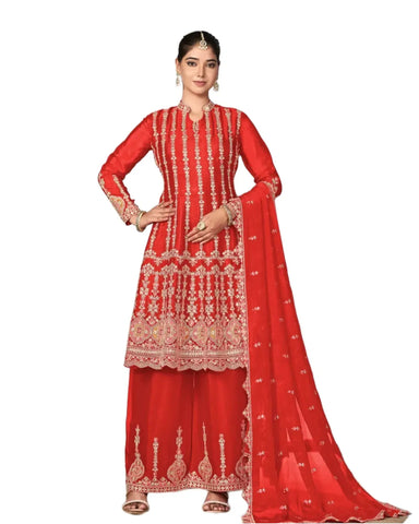 Embroidered Red Chinnon Silk Readymade Salwar Suit With Dupatta