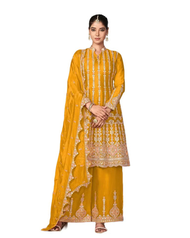 Embroidered Yellow Chinnon Silk Readymade Salwar Suit With Dupatta