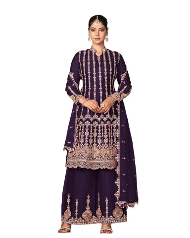 Embroidered Purple Chinnon Silk Readymade Salwar Suit With Dupatta