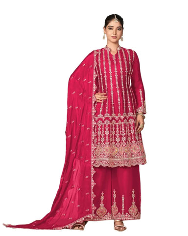 Embroidered Pink Chinnon Silk Readymade Salwar Suit With Dupatta