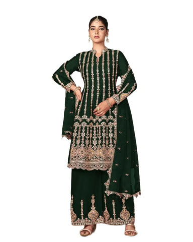 Embroidered Green Chinnon Silk Readymade Salwar Suit With Dupatta