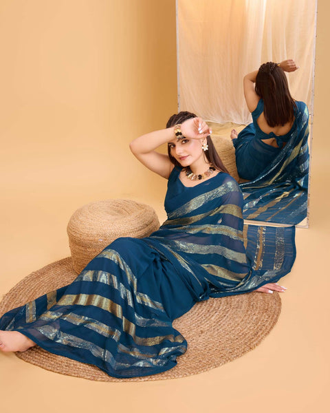Blue Sequins Work Georgette Saree With Banglori Silk Blouse