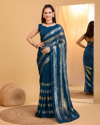 Blue Sequins Work Georgette Saree With Banglori Silk Blouse
