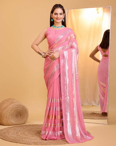 Pink Sequins Work Georgette Saree With Banglori Silk Blouse