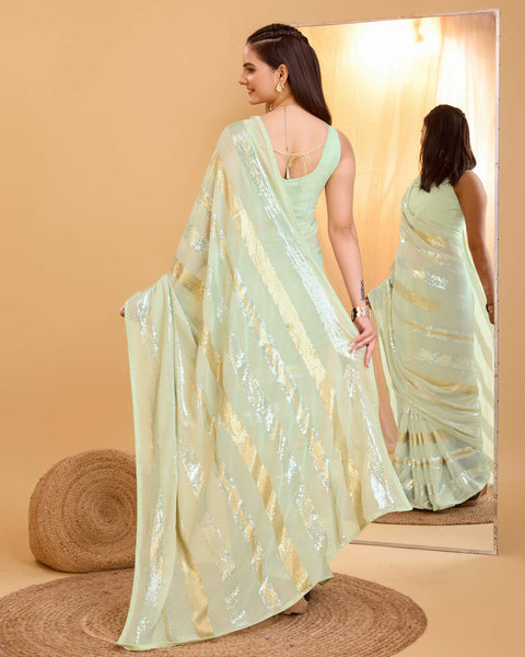 Sea Green Sequins Work Georgette Saree With Banglori Silk Blouse
