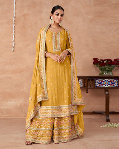 Yellow Chinnon Silk Embroidered Palazzo Suit With Embroidered Dupatta