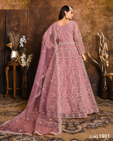 Lavender Pink Net Floor Length Anarkali Suit