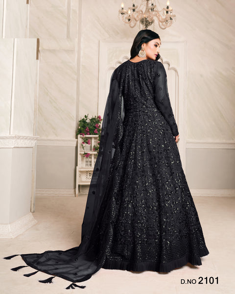 Black Embroidered Net Floor Length Anarkali Suit