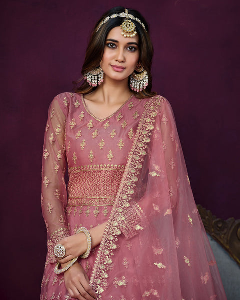 Pink Net Sequins & Thread Work Anarkali Suit With Net Embroidered Dupatta